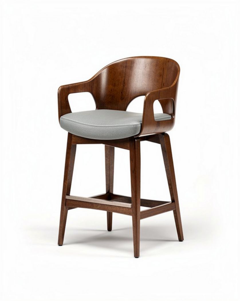 Tabouret de bar en bois foncé avec assise rembourrée grise dimensions 85 x 50 x 100cm
