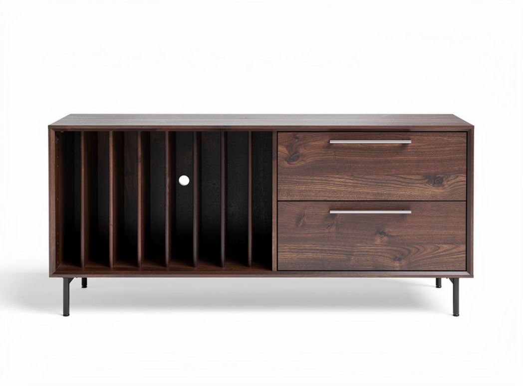 Meuble TV en bois foncé avec rangement ouvert et tiroirs dimensions 120 x 40 x 60cm