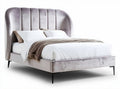 Lit en velours gris 200 x 160 x 100cm avec tête de lit arrondie et textile doux