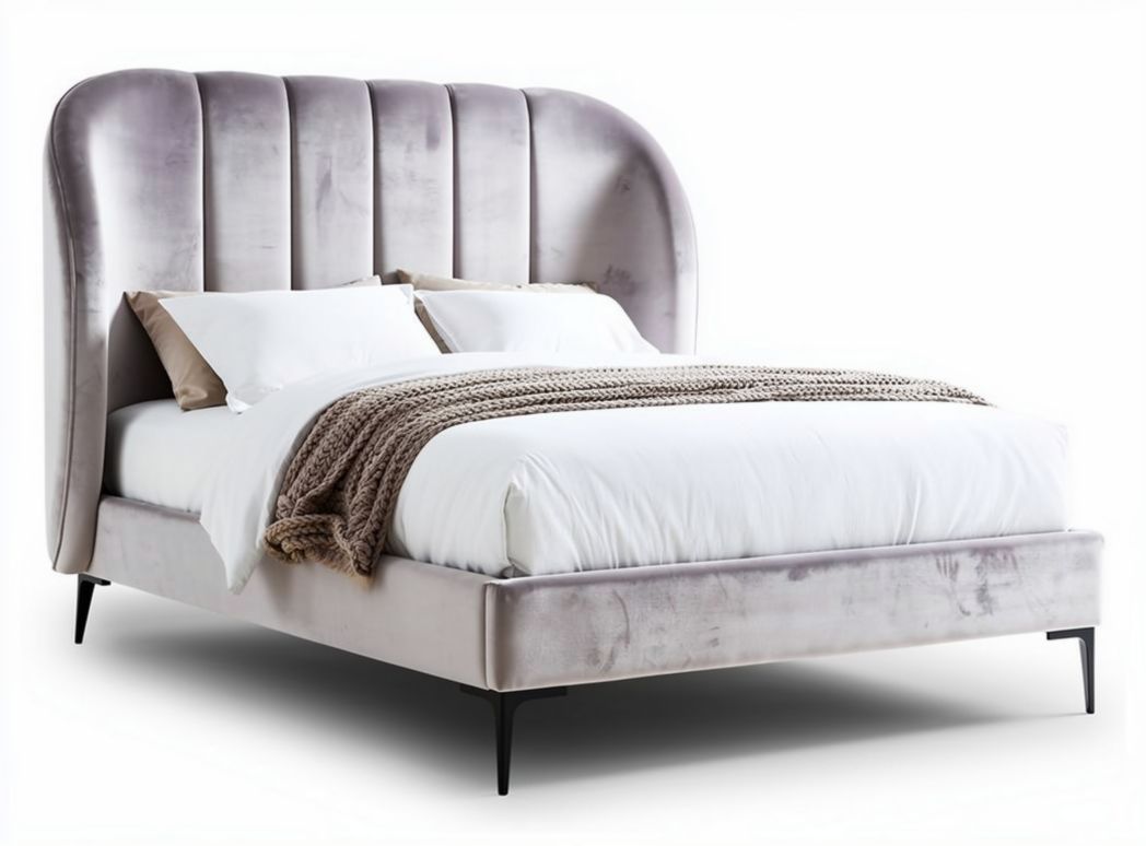 Lit en velours gris 200 x 160 x 100cm avec tête de lit arrondie et textile doux