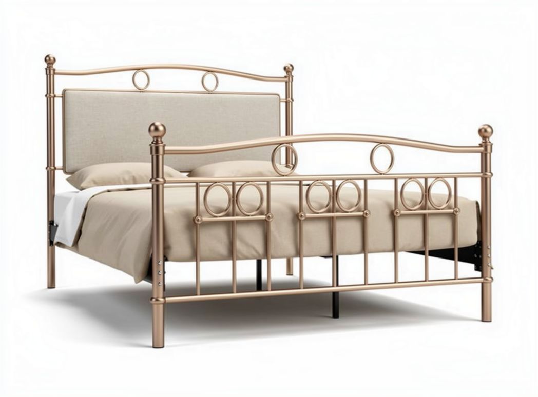 Lit en métal rose doré avec tête de lit en tissu beige 200 x 150 x 120cm