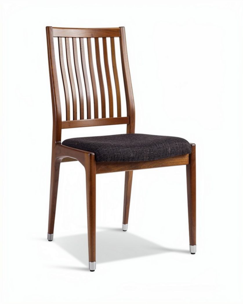 Chaise en bois foncé avec assise rembourrée en tissu noir dimensions 45 x 45 x 90cm