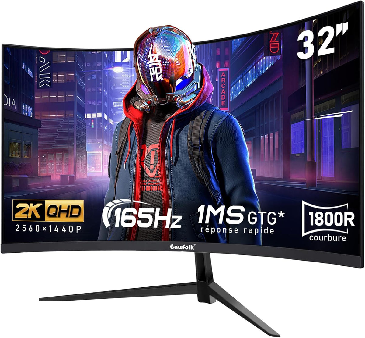 Gawfolk Écran PC 32 Pouces,2K WQHD(2560x1440P),165Hz incurvé Gaming Moniteur, 1ms sans Lunette, 100 pour cent sRGB，178 ° Angle Vue HDMI、DisplayPort, Compatible avec Mural VESA100*100MM - Noir(Black)