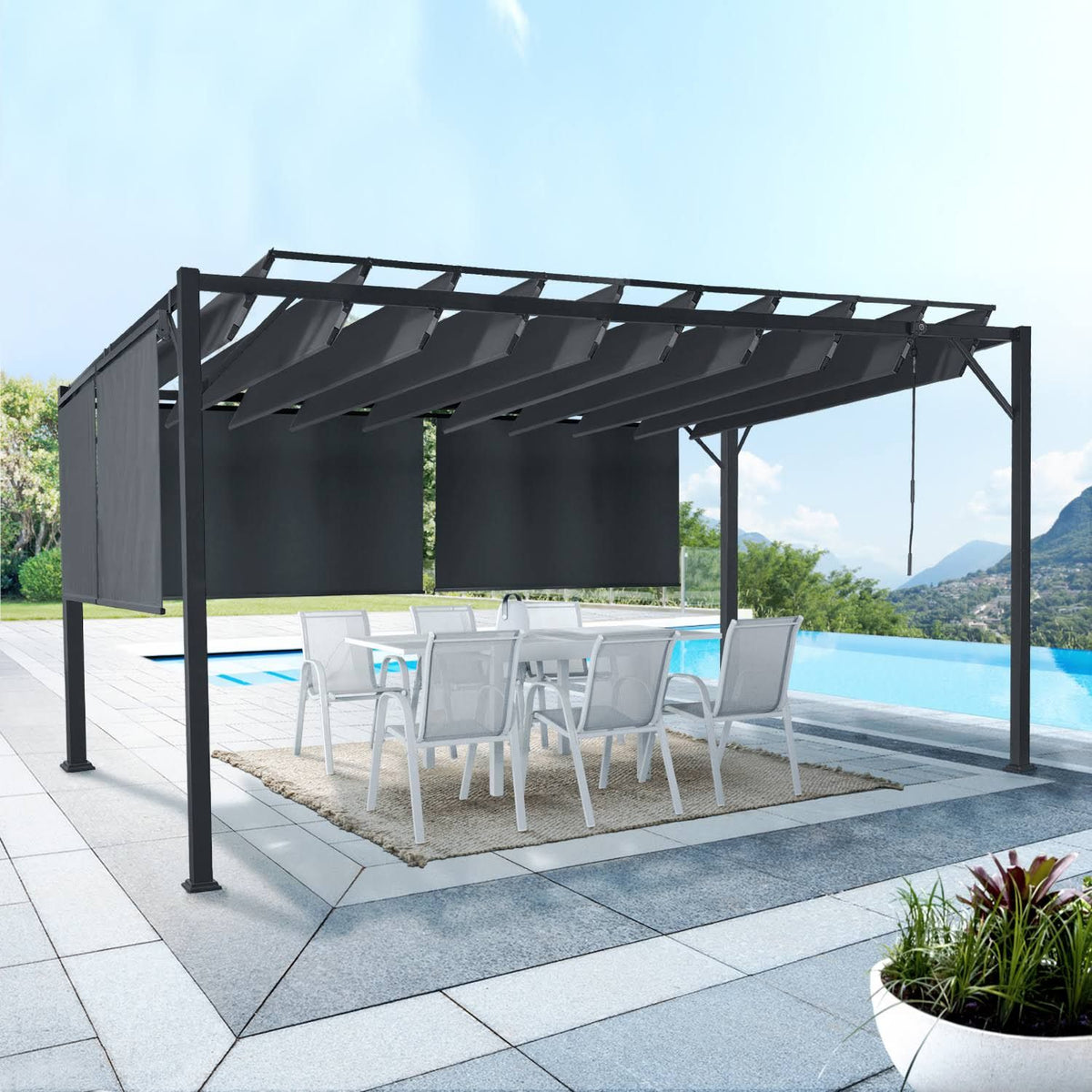 id market Pergola Édition Luxe lames orientables 3x4 M et 4 Stores(Noir)