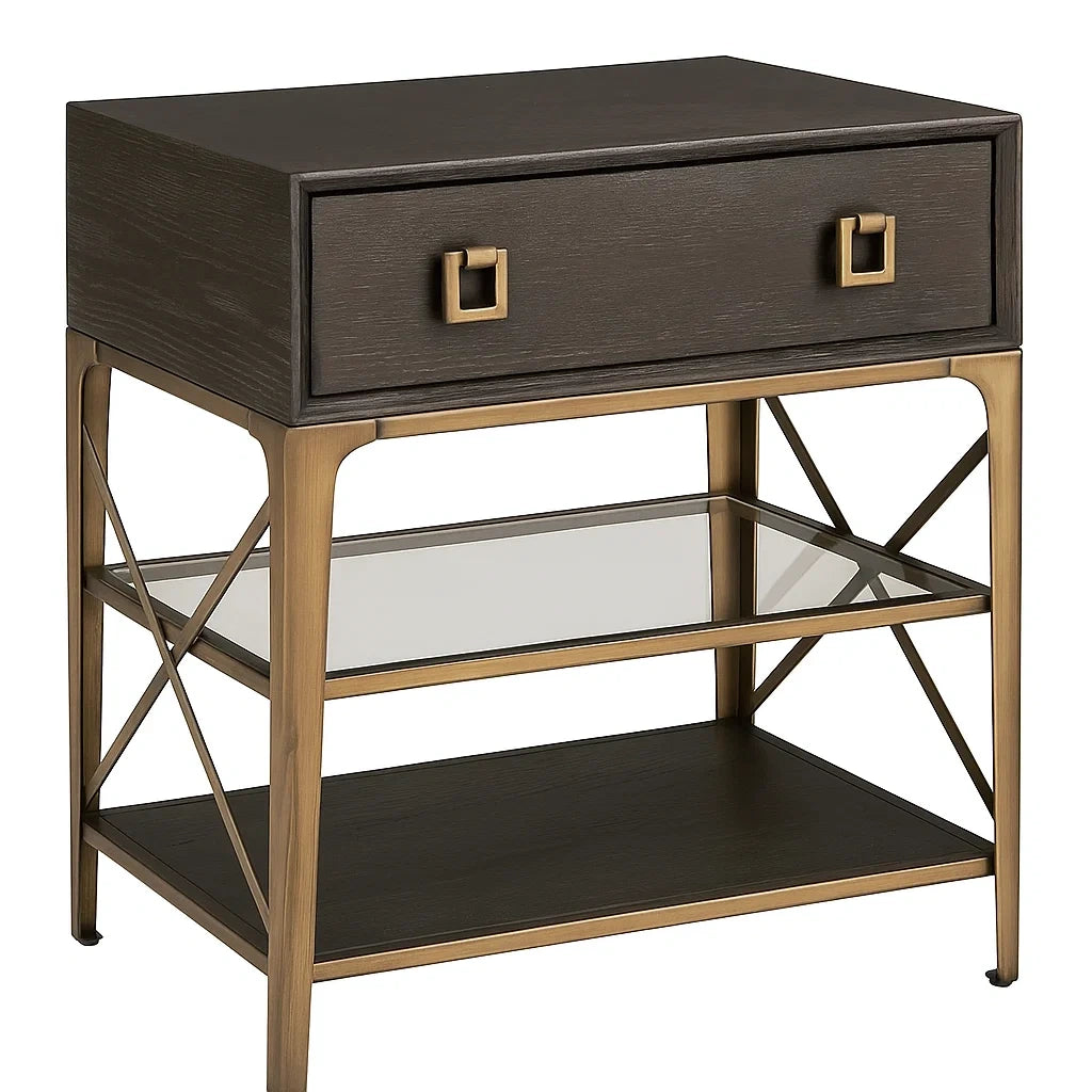 Table de chevet en bois et métal avec tiroir et étagères en verre(Brun Foncé/Bronze)