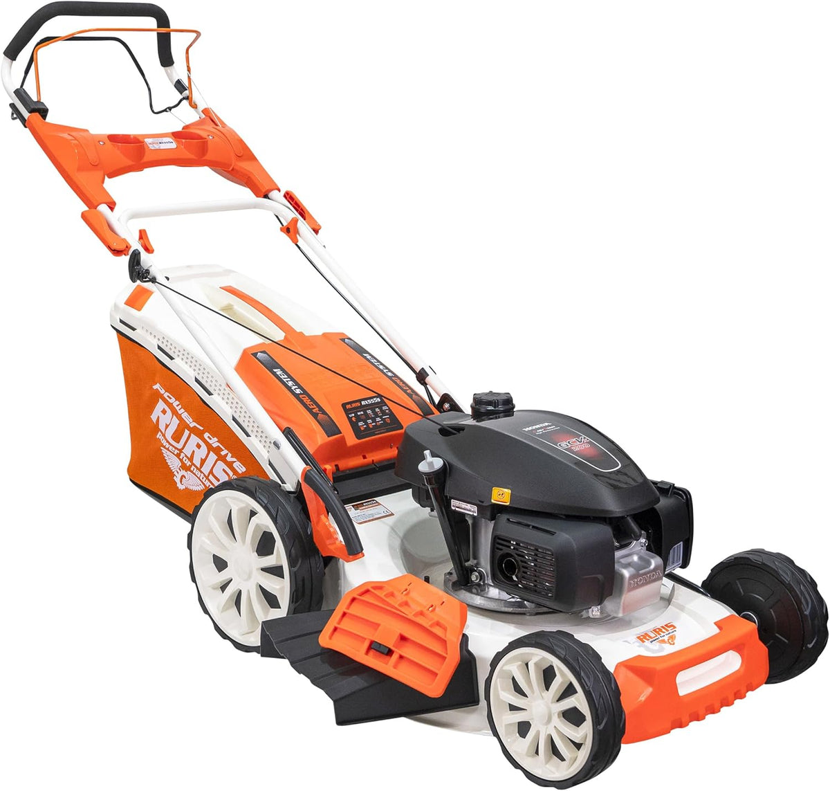 RURIS Power for Nature Tondeuse à Gazon Thermique RX555s Moteur Honda 5,2 CV, 202cc, 530mm, Sac 65l, propulsee Automatique, 5 in 1: Ramassage, Éjection Arrière et Latérale, Mulching, Nettoyage(Orange/Noir/Blanc)
