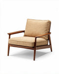 Fauteuil en bois brun avec coussin beige en tissu pour un salon moderne