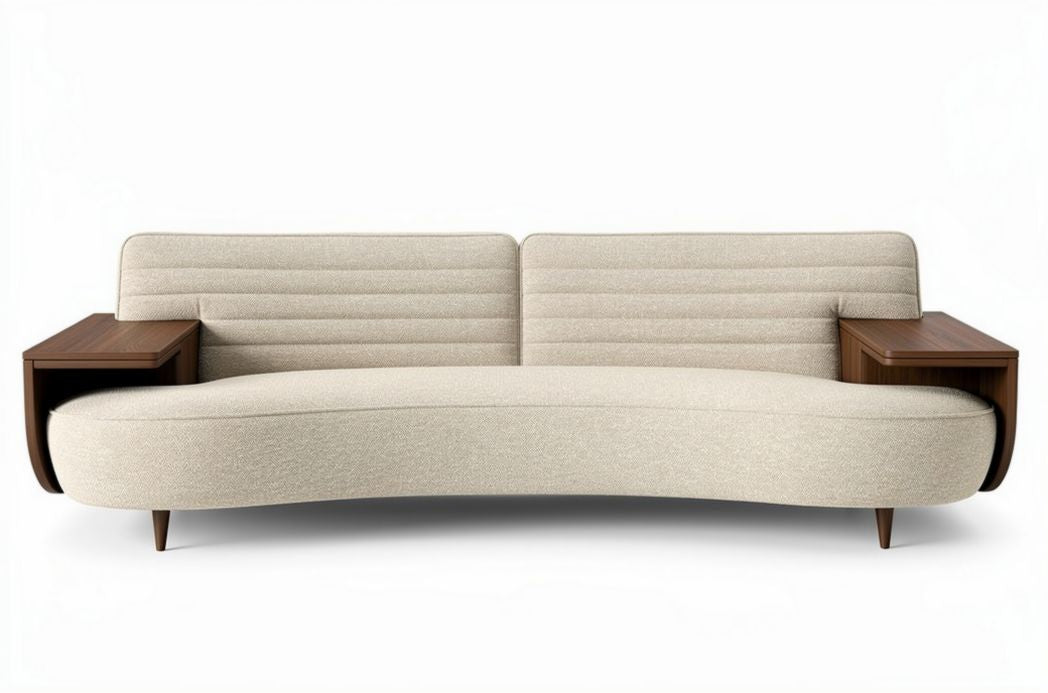 Canapé courbé avec accoudoirs en bois et revêtement en tissu beige 200 x 80 x 75cm