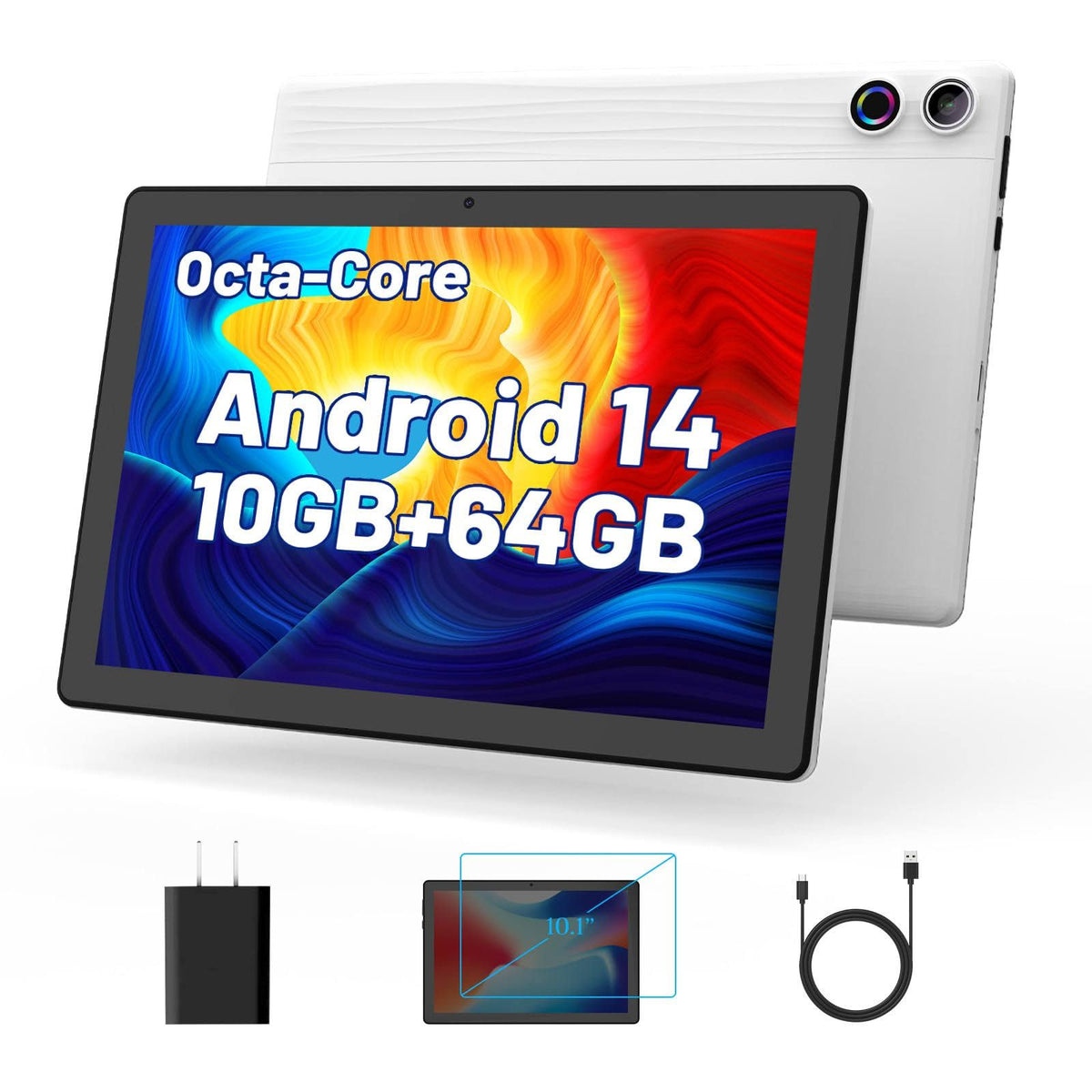 Android 14 Tablet, 10,1 Pouces tablettes avec écran Tactile 1280,800 IPS HD, processeur Octa-Core, 10GB RAM et 64GB ROM (Extension jusqu'à 1TB),(Noir/Blanc)