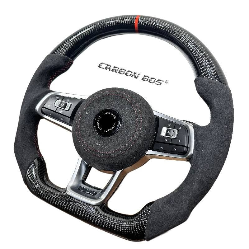 Volant en cuir et fibre de carbone personnalisé, pour Volkswagen Golf GTI/R MK7 MK6 MK5 MK4, modèle(Noir/Rouge)