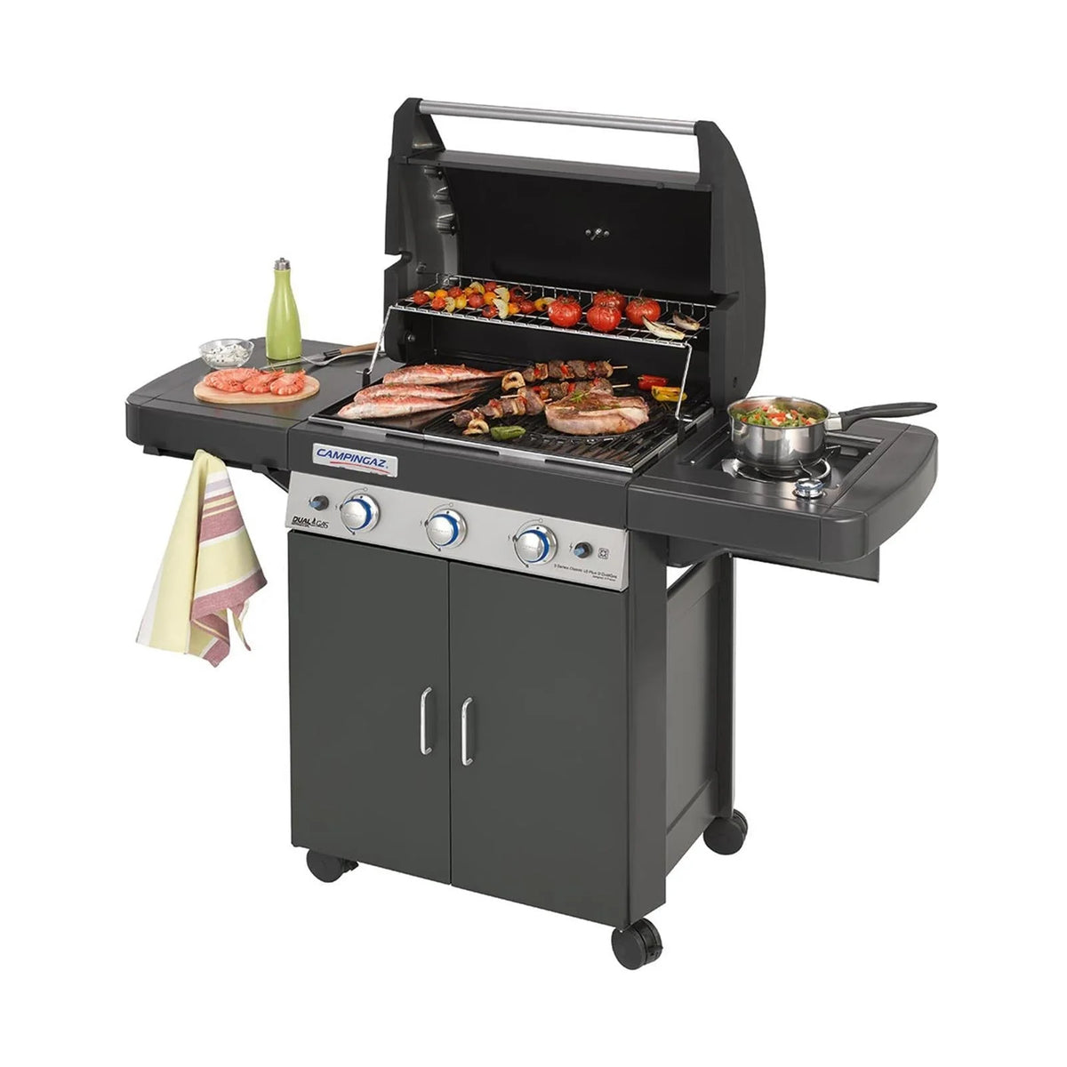 Barbecue poêle à braises avec roues à gaz série 3 ls plus brûleurs à double gaz
