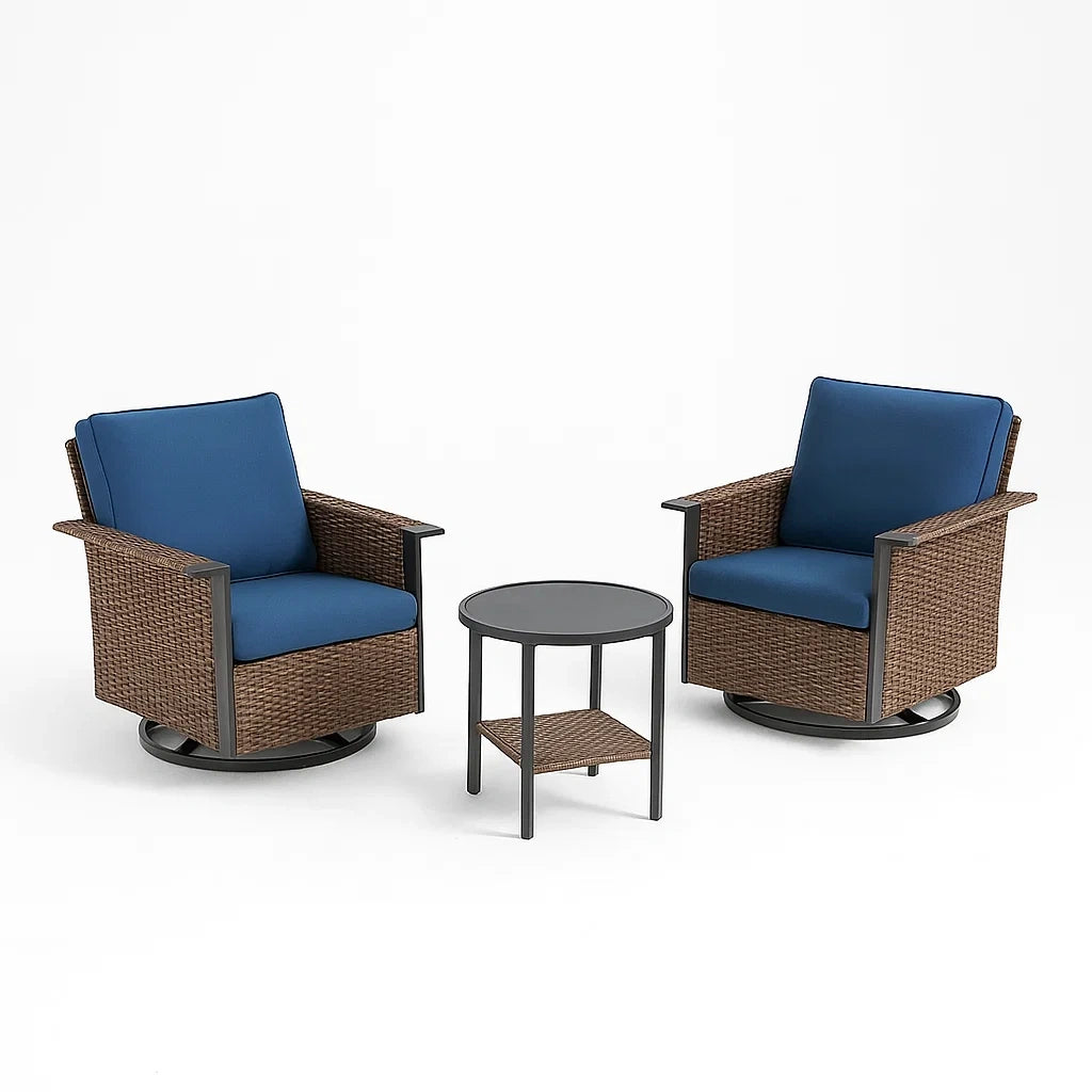 Ensemble de mobilier de jardin rotatif en résine tressée avec coussin bleu(Brun/Bleu/Noir)