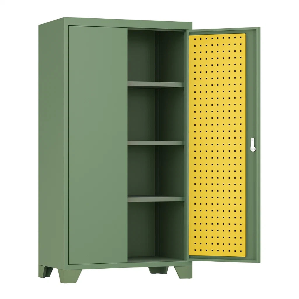 Armoire à outils métallique verte avec porte perforée jaune, 3 étagères(Vert/Jaune)